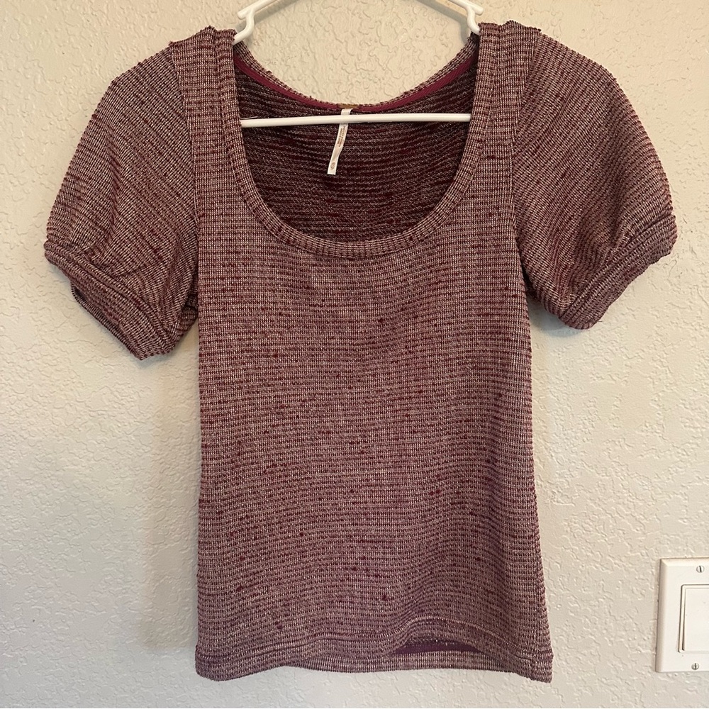 Free People Burgandy Gold Metallic Knit Scoop‎ Neck Puff Sleeve Sz XS